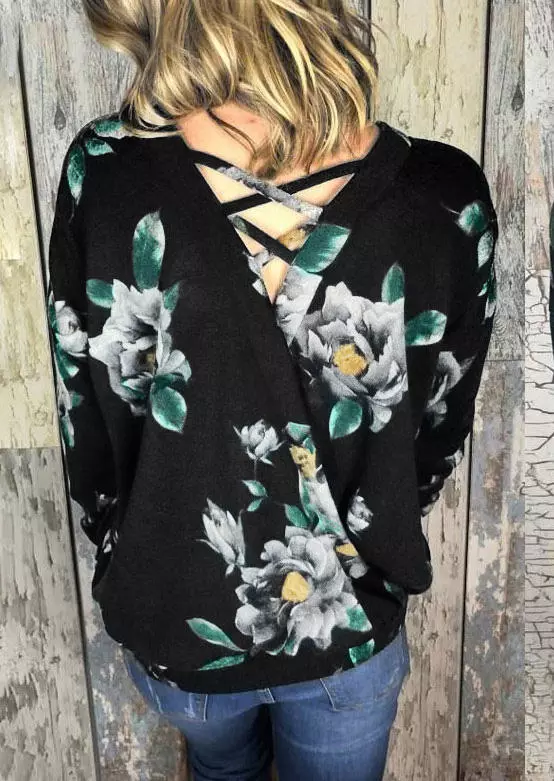Criss-Cross Floral Long Sleeve Blouse 3 Criss-Cross Floral Long Sleeve Blouse