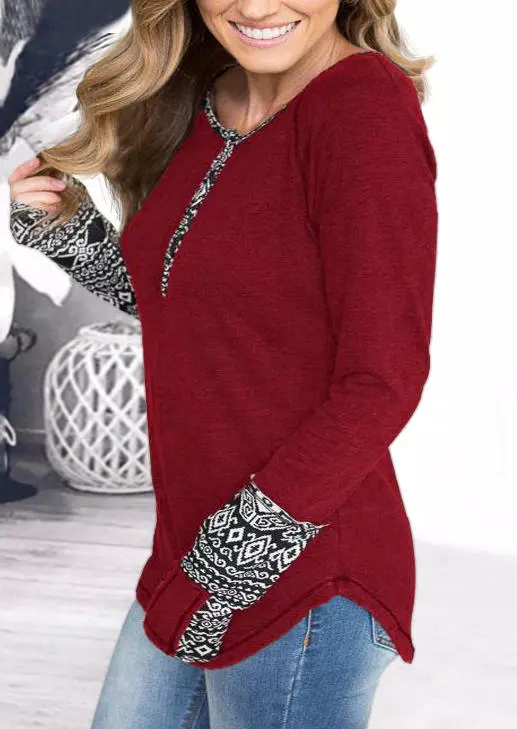 Aztec Geometric Splicing Button Blouse - Burgundy 4 Aztec Geometric Splicing Button Blouse - Burgundy - Image 2