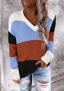 Color Block Long Sleeve V-Neck Sweater