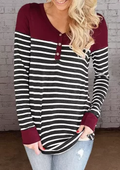 Button Striped Splicing Long Sleeve Blouse - Burgundy