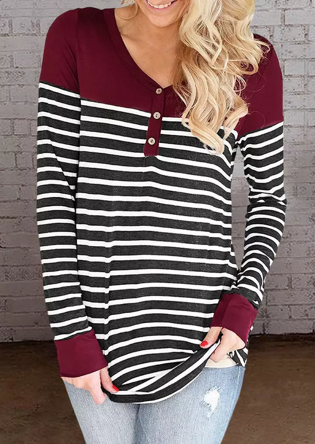 Button Striped Splicing Long Sleeve Blouse - Burgundy 3 Button Striped Splicing Long Sleeve Blouse - Burgundy