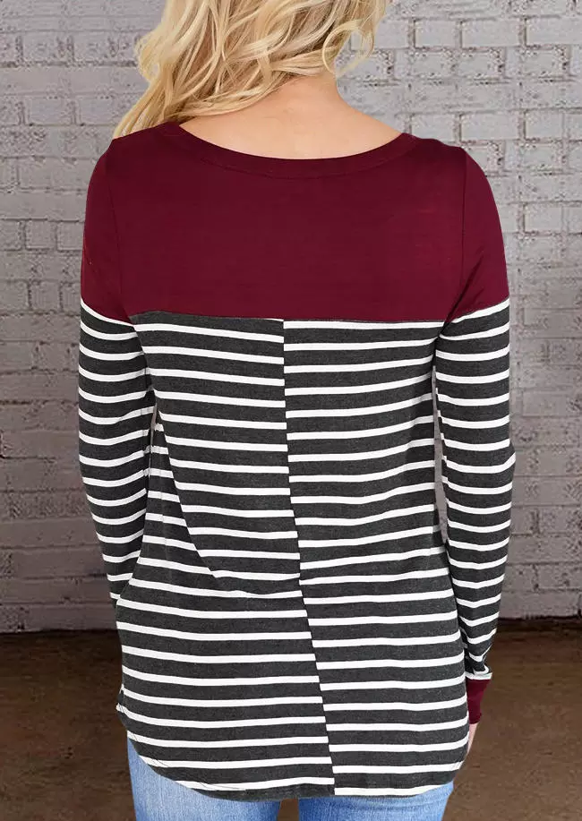 Button Striped Splicing Long Sleeve Blouse - Burgundy 4 Button Striped Splicing Long Sleeve Blouse - Burgundy - Image 2