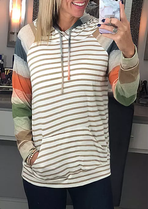 Color Block Striped Drawstring Kangaroo Pocket Pullover Hoodie 3 Color Block Striped Drawstring Kangaroo Pocket Pullover Hoodie