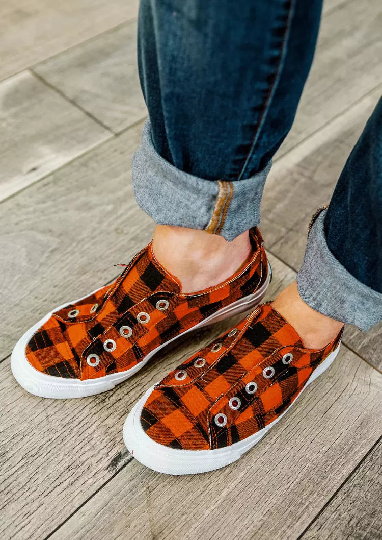 Plaid Slip On Round Toe Sneakers - Orange 5 Plaid Slip On Round Toe Sneakers - Orange - Image 3