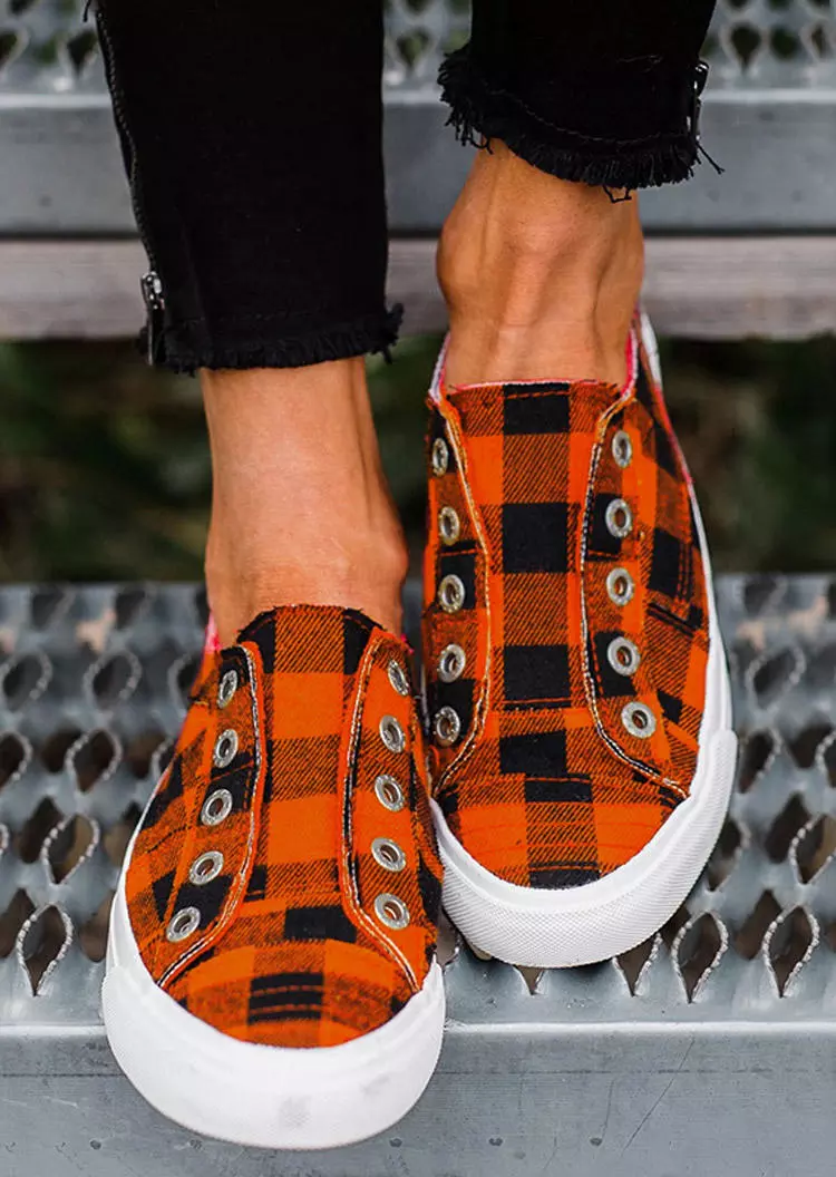 Plaid Slip On Round Toe Sneakers - Orange 3 Plaid Slip On Round Toe Sneakers - Orange