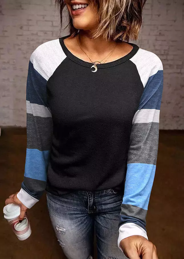 Color Block O-Neck Long Sleeve Blouse - Black 3 Color Block O-Neck Long Sleeve Blouse - Black