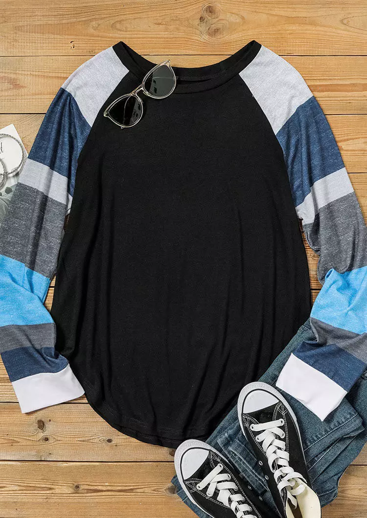 Color Block O-Neck Long Sleeve Blouse - Black 4 Color Block O-Neck Long Sleeve Blouse - Black - Image 2