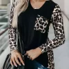 Leopard Splicing Pocket Long Sleeve Blouse