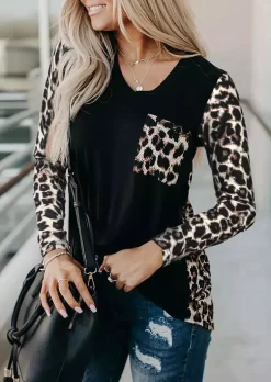 Leopard Splicing Pocket Long Sleeve Blouse
