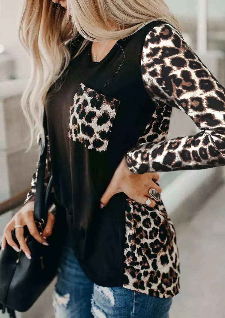 Leopard Splicing Pocket Long Sleeve Blouse 4 Leopard Splicing Pocket Long Sleeve Blouse - Image 2