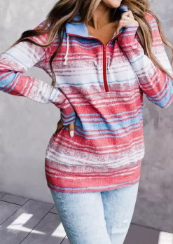 Striped Long Sleeve Zipper Collar Hoodie