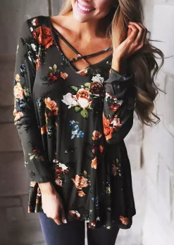 Floral Criss-Cross V-Neck Blouse