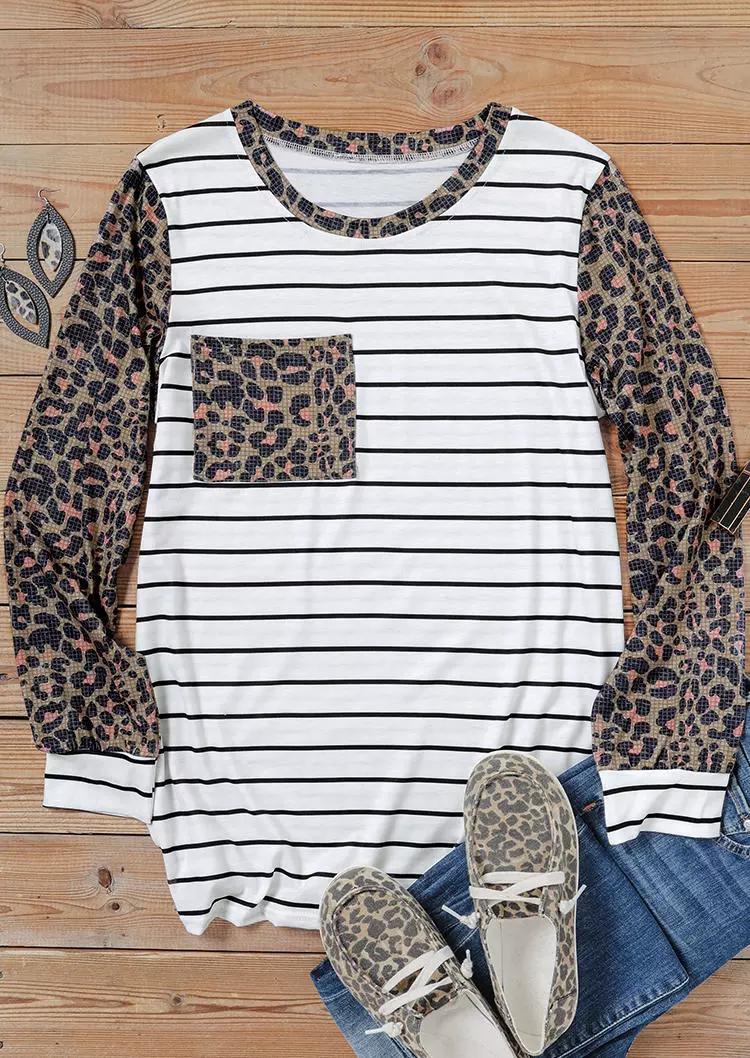 Leopard Striped Splicing Pocket Long Sleeve Blouse 4 Leopard Striped Splicing Pocket Long Sleeve Blouse - Image 2