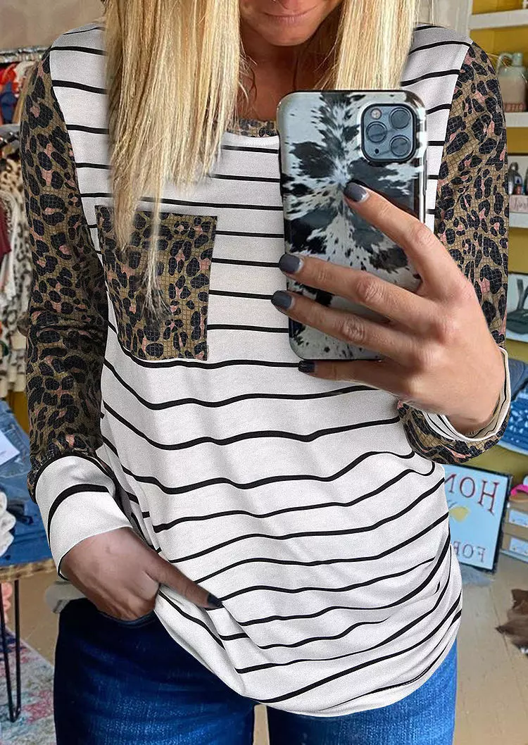 Leopard Striped Splicing Pocket Long Sleeve Blouse 3 Leopard Striped Splicing Pocket Long Sleeve Blouse