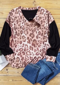Leopard Splicing Long Sleeve Blouse -Garment Sale Store 513683 495450485 124