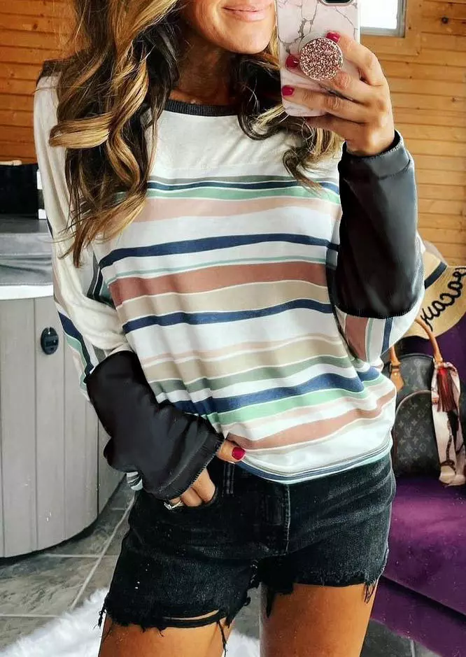 Striped Splicing Long Sleeve Blouse 4 Striped Splicing Long Sleeve Blouse - Image 2