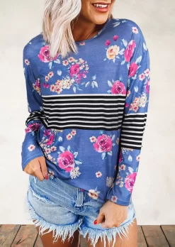 Floral Striped Splicing Long Sleeve O-Neck Blouse