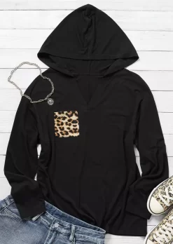 Leopard Pocket V-Neck Long Sleeve Hooded Blouse - Black 5 Leopard Pocket V-Neck Long Sleeve Hooded Blouse - Black -Garment Sale Store 514045 100999710 124