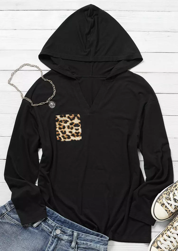 Leopard Pocket V-Neck Long Sleeve Hooded Blouse - Black 4 Leopard Pocket V-Neck Long Sleeve Hooded Blouse - Black - Image 2