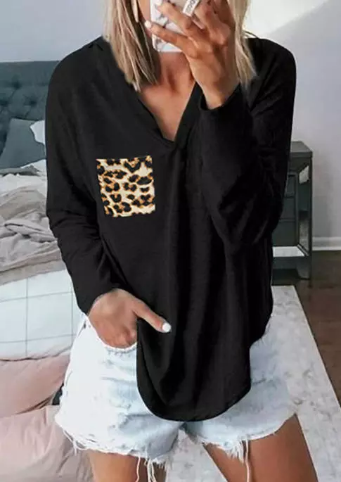 Leopard Pocket V-Neck Long Sleeve Hooded Blouse - Black 3 Leopard Pocket V-Neck Long Sleeve Hooded Blouse - Black