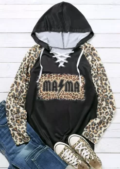 Leopard Mama Lace Up Raglan Sleeve Hoodie - Black -Garment Sale Store 514361 985252535 124