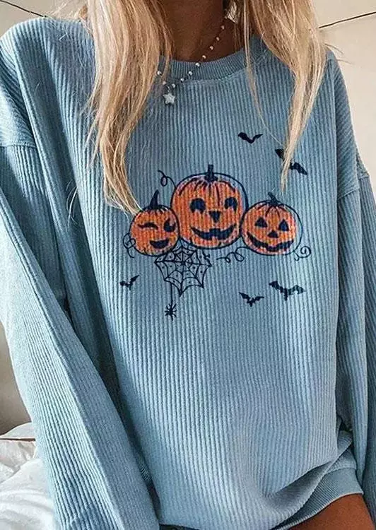 Pumpkin Bat Spider Long Sleeve Blouse - Blue 3 Pumpkin Bat Spider Long Sleeve Blouse - Blue