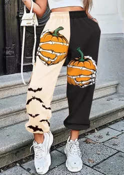 Halloween Pumpkin Bat Skeleton Hand Color Block Elastic Waist Sweatpants