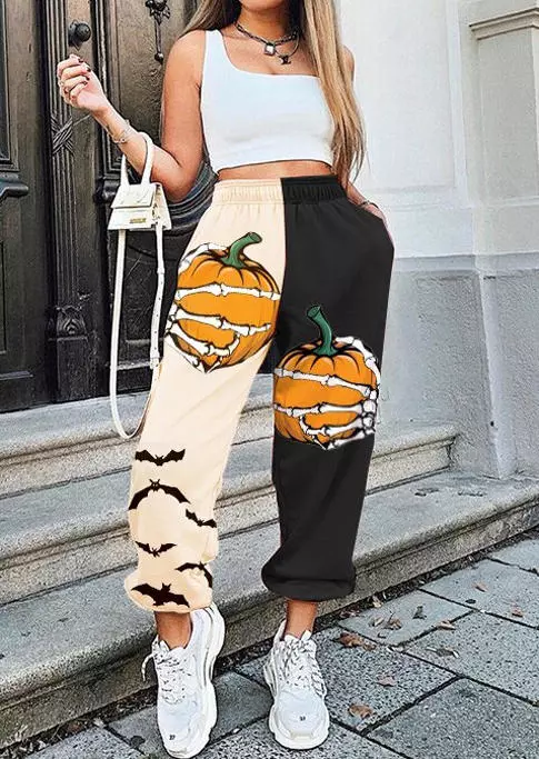 Halloween Pumpkin Bat Skeleton Hand Color Block Elastic Waist Sweatpants 4 Halloween Pumpkin Bat Skeleton Hand Color Block Elastic Waist Sweatpants - Image 2