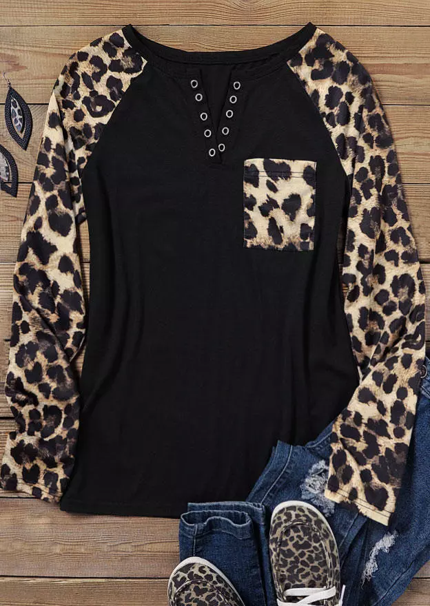 Leopard Pocket Notched Neck Raglan Sleeve Blouse - Black 4 Leopard Pocket Notched Neck Raglan Sleeve Blouse - Black - Image 2