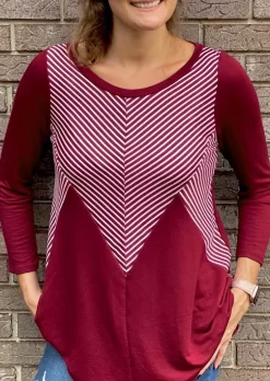 Striped Irregular Geometric Splicing Blouse - Burgundy