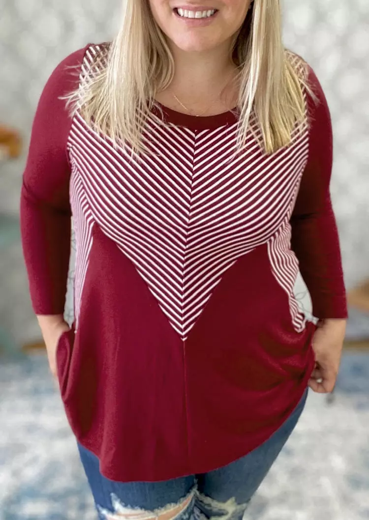 Striped Irregular Geometric Splicing Blouse - Burgundy 4 Striped Irregular Geometric Splicing Blouse - Burgundy - Image 2