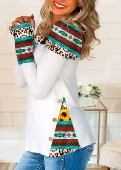 Sunflower Leopard Splicing Button Blouse