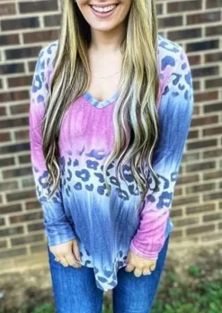 Leopard Gradient Long Sleeve V-Neck Blouse