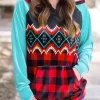 Aztec Geometric Plaid Kangaroo Pocket Color Block Hoodie -Garment Sale Store 514909 1 54101535 124