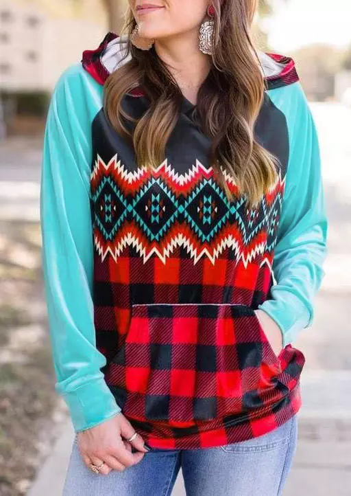 Aztec Geometric Plaid Kangaroo Pocket Color Block Hoodie 3 Aztec Geometric Plaid Kangaroo Pocket Color Block Hoodie