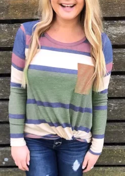 Colorful Striped Pocket Long Sleeve Blouse