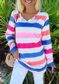 Striped Color Block Long Sleeve Blouse