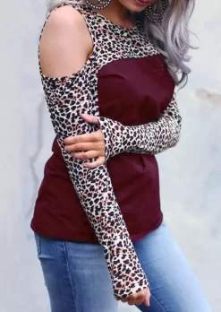 Leopard Color Block Splicing Cold Shoulder Blouse - Burgundy -Garment Sale Store 516467 101101102 124