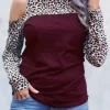 Leopard Color Block Splicing Cold Shoulder Blouse - Burgundy 1 Leopard Color Block Splicing Cold Shoulder Blouse - Burgundy -Garment Sale Store 516467 1 53495451 124