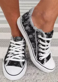 Skull Lace Up Flat Sneakers - Black