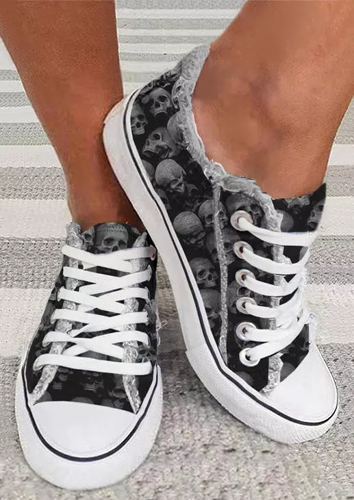 Skull Lace Up Flat Sneakers - Black 3 Skull Lace Up Flat Sneakers - Black