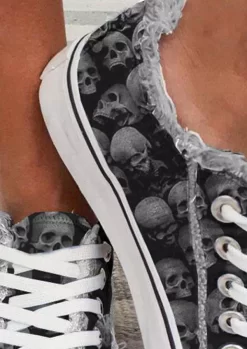 Skull Lace Up Flat Sneakers - Black 11 Skull Lace Up Flat Sneakers - Black -Garment Sale Store 516806 524952102 124