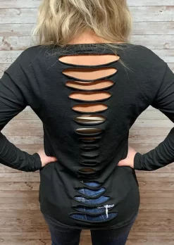 Hollow Out Open Back Long Sleeve Blouse - Black