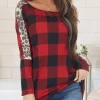 Plaid Splicing Leopard Long Sleeve Blouse - Red -Garment Sale Store 517115 1 56101100 124