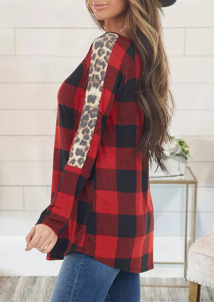 Plaid Splicing Leopard Long Sleeve Blouse - Red 4 Plaid Splicing Leopard Long Sleeve Blouse - Red - Image 2