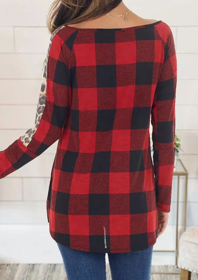 Plaid Splicing Leopard Long Sleeve Blouse - Red 5 Plaid Splicing Leopard Long Sleeve Blouse - Red - Image 3