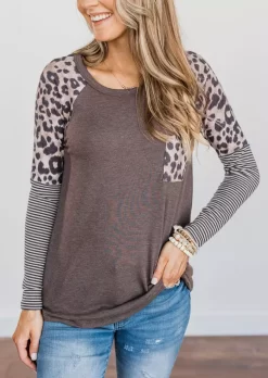 Leopard Striped Splicing Pocket Blouse -Garment Sale Store 517118 994849991 124