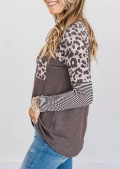 Leopard Striped Splicing Pocket Blouse -Garment Sale Store 517118 994856995 124