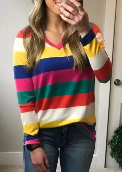 Colorful Striped V-Neck Long Sleeve Blouse -Garment Sale Store 517265 545749525 124
