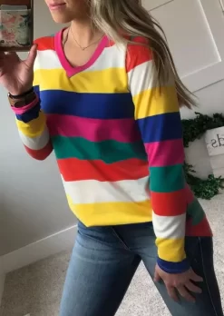 Colorful Striped V-Neck Long Sleeve Blouse -Garment Sale Store 517265 549754974 124